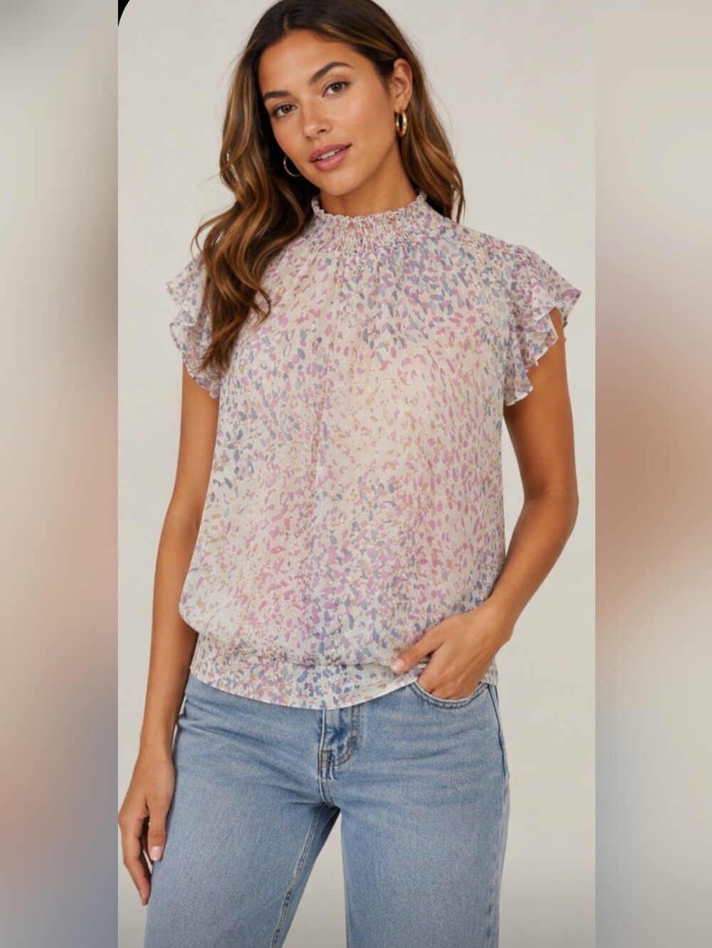 EUC Express Petal Print Mock Neck Flutter Sleeve Top XS - Pink, Purple & Blue